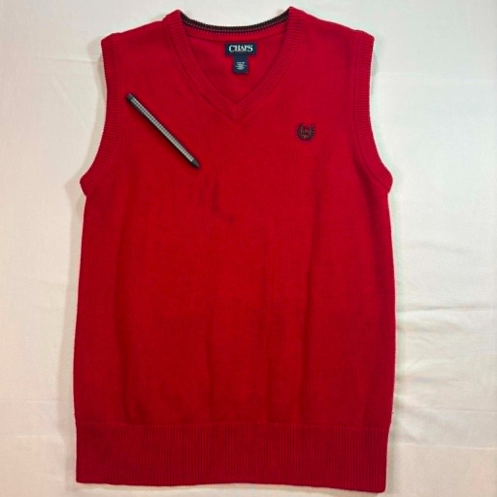 Chaps Boys Sweater Vest L 14-16 Red V-Neck Pullover Knit Embroidered Crest